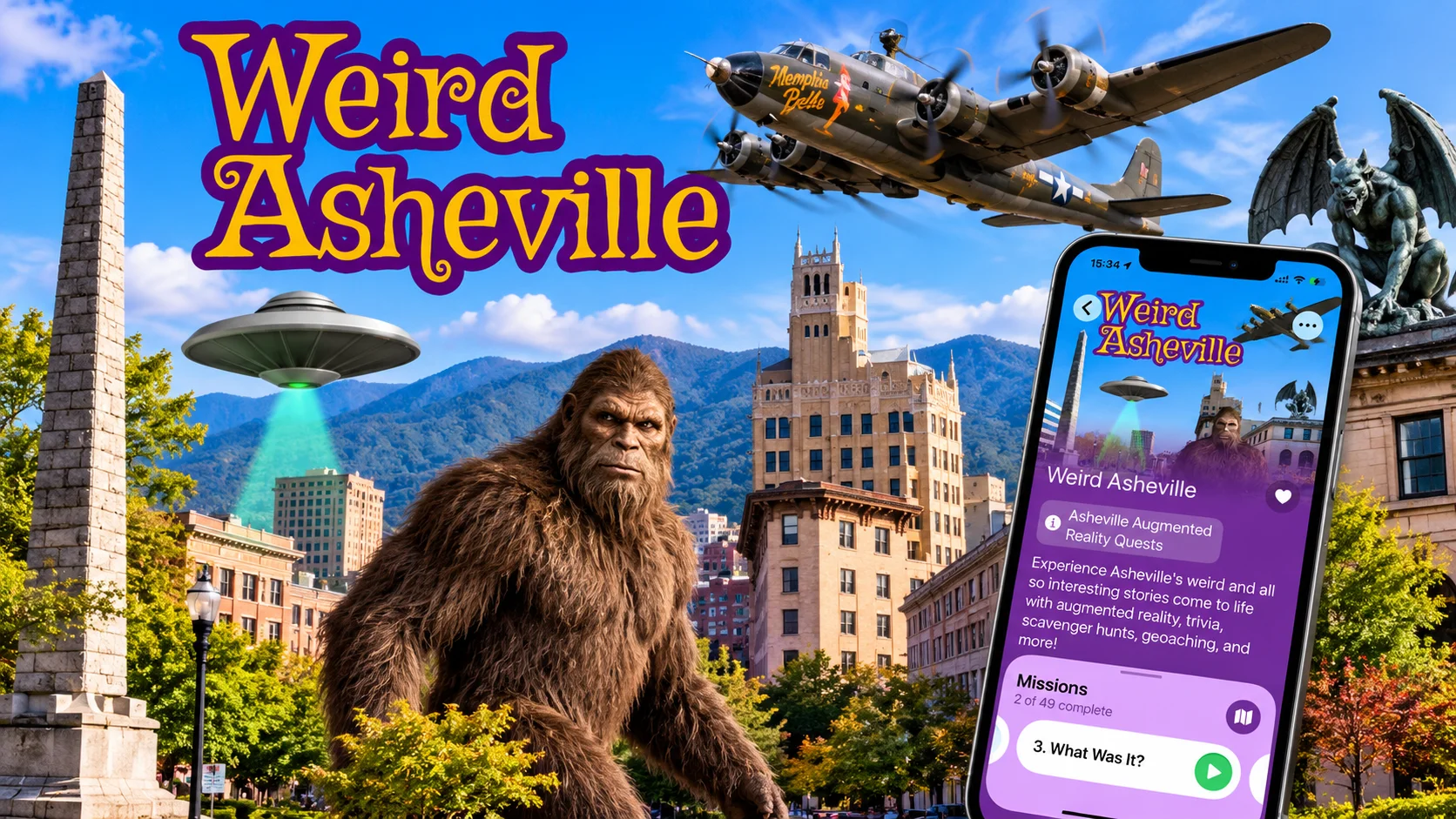 Weird Asheville interactive walking tour featuring augmented reality, historical landmarks, and unusual local stories in Asheville, North Carolina