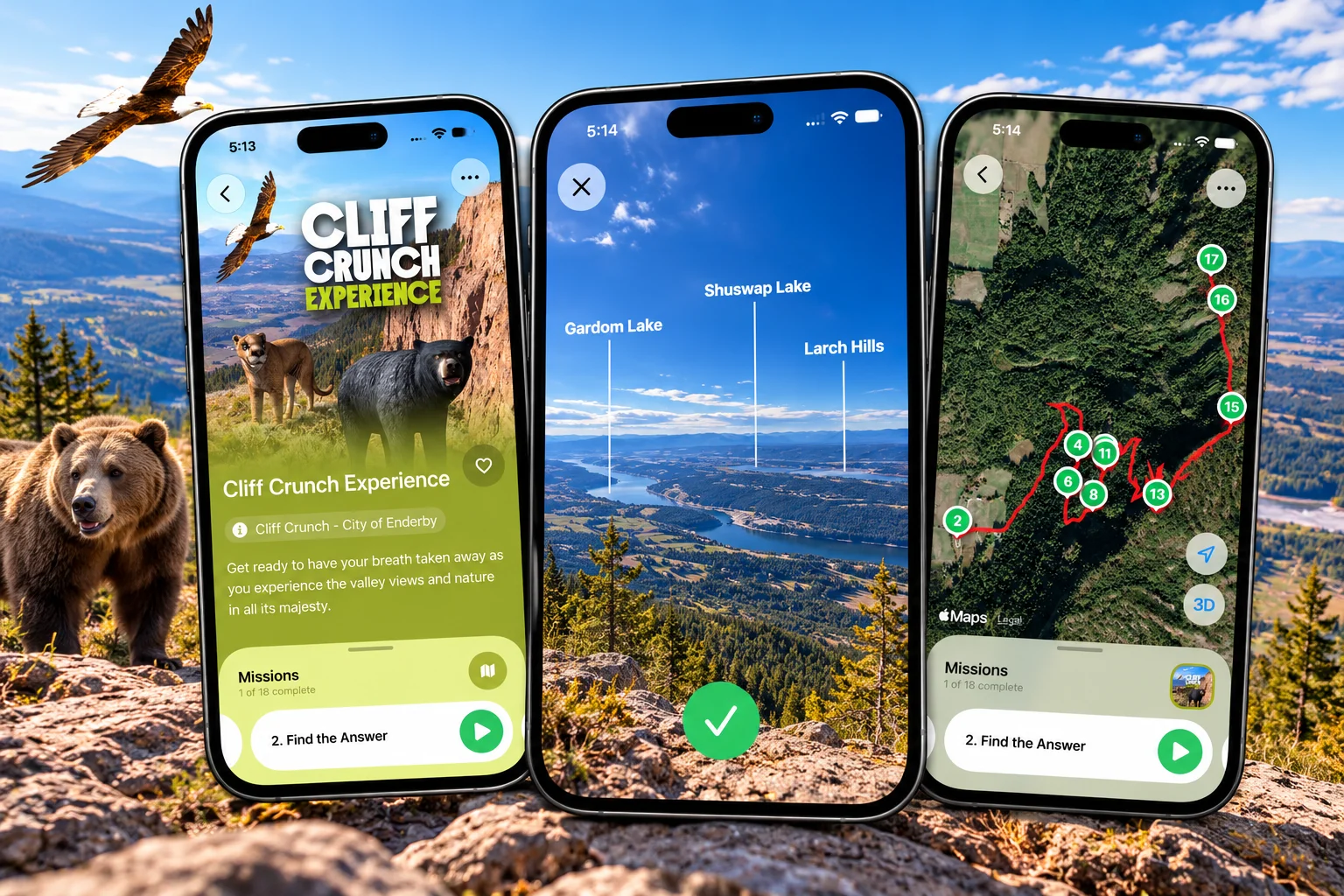 QuestUpon Cliff Crunch featuring interactive mountain trails, augmented reality wildlife, and a 360-degree annotated summit panorama in Enderby