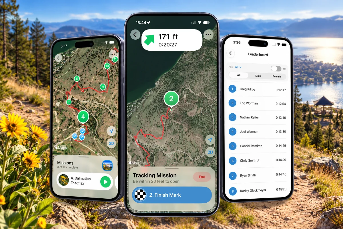 QuestUpon Knox Mountain adventures featuring interactive hiking trails, nature exploration, and timed fitness challenges in Kelowna