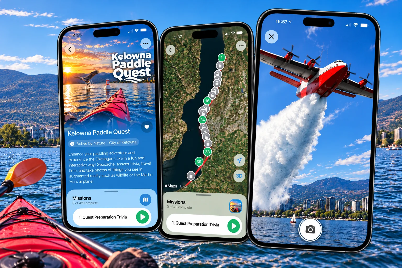 QuestUpon Kelowna Paddle Quest featuring an interactive paddling route, mission locations, and augmented reality experiences on Okanagan Lake